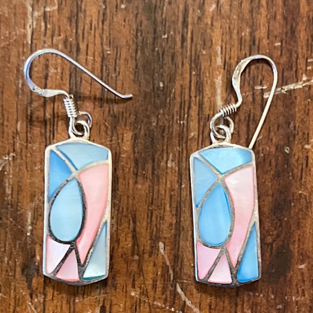 VTG Sterling Silver 925 Mosaic Blue and Pink Pastel Inlay Dangle Earrings